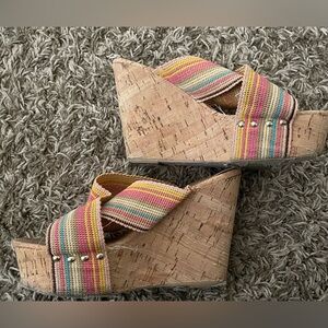 Steve Madden Pride Shimmer Multicolor Rainbow Cork Platform Wedge Sandals 6.5